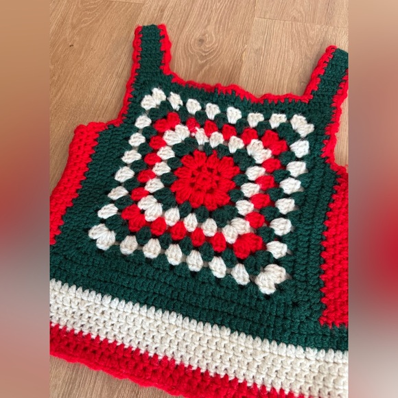 Vintage Hand Knit Crochet Sweater Vest Red & Green XS - Picture 3 of 6